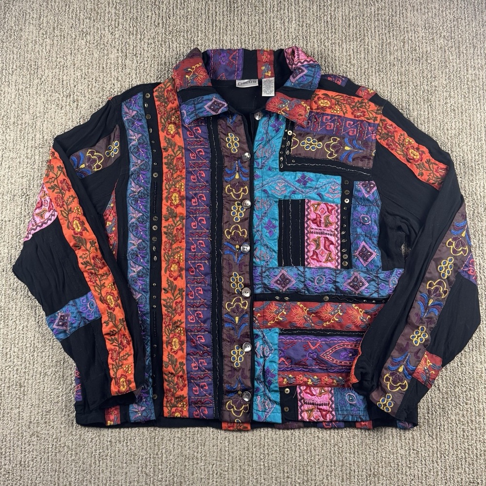 Chicos Womens 3 XL Patchwork Embellished Embroidered Jacket Floral Colorful